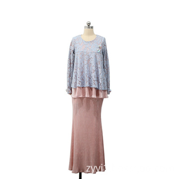 Lace Pink and Blue Muslim Suit Dress Lady Long Sleeve